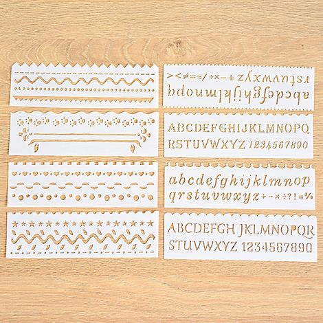 Zeichenschablonen-Set mit 8 wiederverwendbaren PP-Schablonen, 18,3 x 5,5 cm, gerade und geschwungene Linien, 16 Designs für Scrapbooking (1/5)