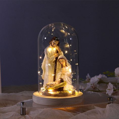 Crèche De Noël À LED - Sculpture De La Nativité En Verre Bois Et Résine - Décoration Festive Pour Intérieur Table Et Rassemblements - 1 Pièce