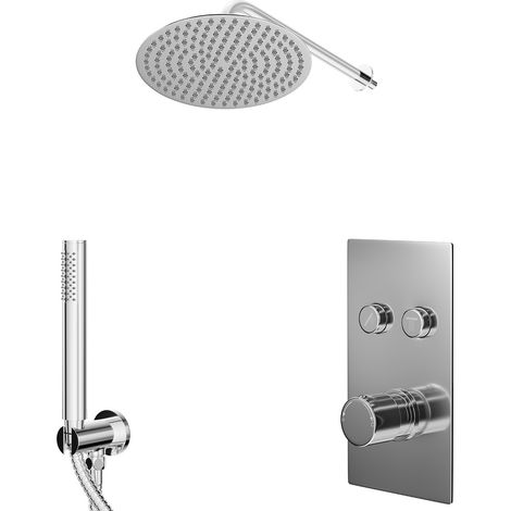 Circo Polished Chrome Push Button Diverter Concealed Thermostatic Shower Valve and 300mm Round Fixed Head with 345mm Wall Arm and Outlet Holder with Kit - 2 Outlet (1/5)