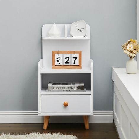 White Wooden Bedside Table with a Shelf and Drawer (1/5)