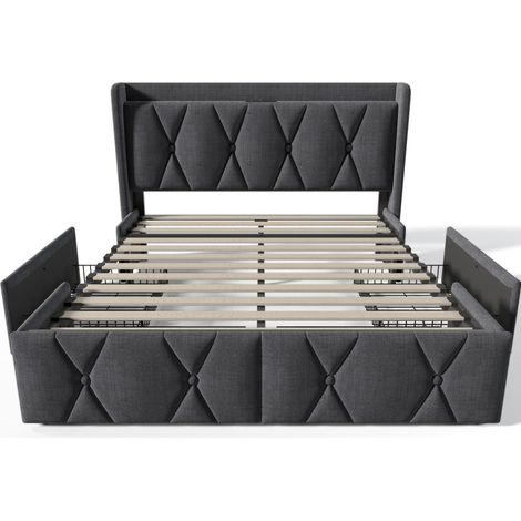 Polsterbett 140x200 cm grau mit 4 Schubladen, USB-Ports, Steckdosen und Kopfteil (1/5)