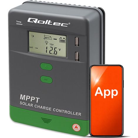 Qoltec, 20A MPPT Regulador de carga solar 12V 24V con sensor de temperatura y USB, Gris (1/5)