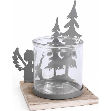 Portacandela in metallo grigio con alberi e angelo, 13x13x18 cm (kit da 10)