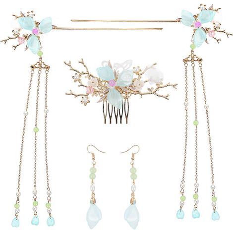 Set mit 5 chinesischen Haarkämmen mit Quasten und Ohrringen, chinesischer Haarschmuck – 12 x 7,5 x 1,3 cm (1/4)