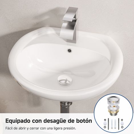 CECIPA MAX Lavabo de cerámica de 49 x 43,5 cm – Lavabo mural semicircular blanco con rebosadero – Incluye válvula clic-clac – Acabado brillante, para baño y aseo de invitados (1/5)
