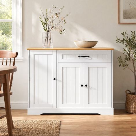 MEUBLIV Aparador de almacenaje 107 x 40 x 83,4 cm blanco y natural con 3 puertas y 1 cajón (1/5)