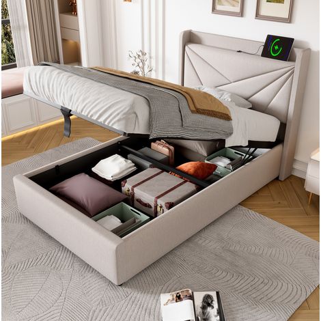 Letto con contenitore in cotone e lino beige 90x200 cm con rete a doghe e testiera con USB e Type-C (1/5)