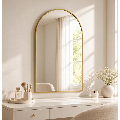 Specchio da Parete ad Arco 91x61 cm, Specchio per Bagno, Camera da Letto e Soggiorno, Telaio in Alluminio Rinforzato Infrangibile, Vetro Temperato, Oro (1/5)