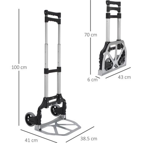 Chariot à bagages pliable, charge maximale 70 kg, avec poignée télescopique et réglage en hauteur, 41 x 38,5 x 100 cm, argent (1/5)