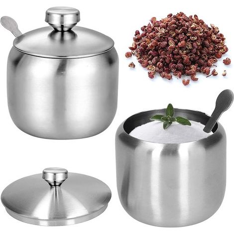 Set di 2 zuccheriere in acciaio inox: zuccheriera piccola, barattolo per spezie con coperchio e cucchiaino per uso domestico e in cucina, per sale, zucchero, caffè, tè, spezie (1/5)