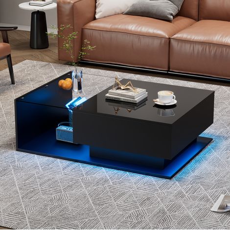 Table basse 100x50x32 cm noire en panneau de particules et verre avec tiroir, surface brillante et LED (1/5)