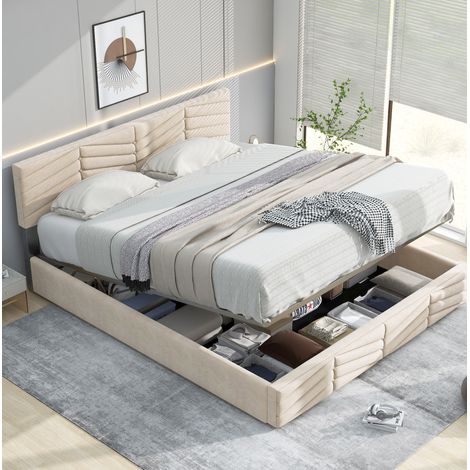 Cama tapizada de terciopelo beige 140x200 cm con somier de láminas y cabecero regulable (1/5)