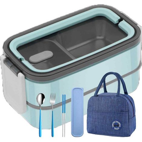 boîte à lunch isotherme,Boîte à lunch portable en acier inoxydable ble ucompartiments+cuillère, fourchette, baguettes+sac à lunch (1/5)