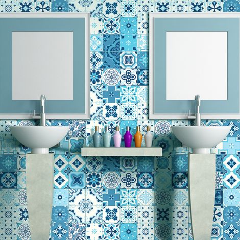 Sticker Mural Carrelage adhésif Cuisine Salle de Bain - 60 STICKERS CARREAUX DE CIMENT AZULEJOS ILARIA - 60stickers10x10cm (1/5)