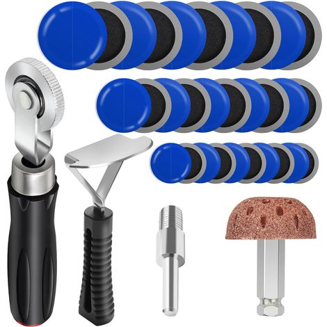 Kit di rulli per toppe per pneumatici da 30+3 pezzi, strumento di riparazione pneumatici per rettifica auto, ruota di lucidatura per riparazione/raschietto per rivestimento interno/toppe per ruote da (1/5)