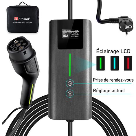 Câble de recharge Type 2 16A 3.5kW monophasé 5m portable pour Tesla BMW JUNSUN