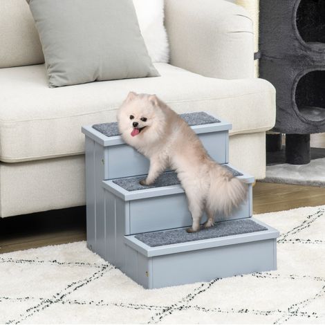 Escalera para mascotas de 3 peldaños con alfombra y almacenaje, gris, 40,5 x 44,5 x 38 cm OKMYHOME (1/5)
