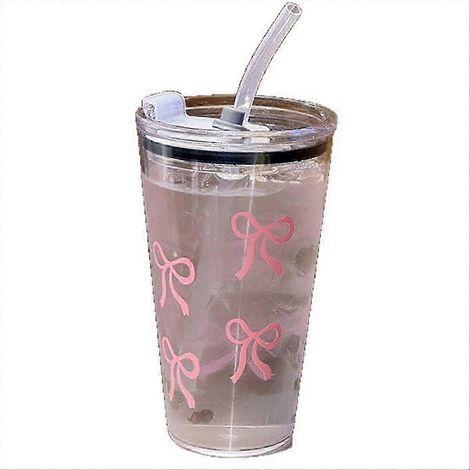 Gobelet en plastique rose transparent de 450 ml avec paille et couvercle (1/5)