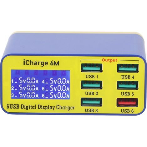 Schnellladegerät mit Digitalanzeige, schneller Wärmeableitung, 6-Port-Ladegerät für Smartphone und PC, 100–240 V, EU-Stecker (1/5)