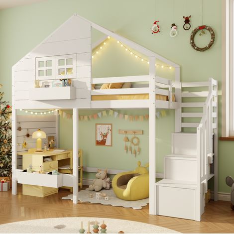 Etagenbett 90x200 cm weiß aus Kiefernholz und MDF mit Stauraumtreppe und Hausdesign (1/5)