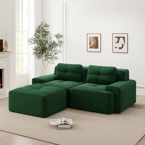 Boneless Modulsofa, Modernes L-förmiges Modulsofa für Wohnzimmer mit Tiefem Sitz, bequemes Corduroy-Cloud-Sofa mit Ottoman, Getuftetes Zweisitzer-Schlafsofa, Grün
WL
