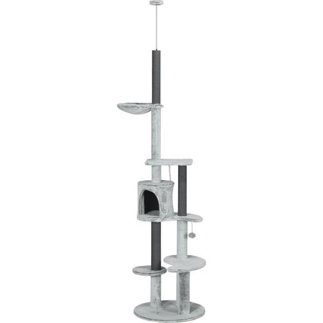 Arbre à chat avec tendeur de plafond, hamac, maisonnette, plateformes, balle de jeu, 225-255 cm, gris (1/5)