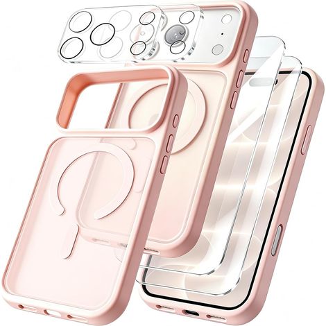 Coque Magnétique pour iPhone 18 Pro 6.3'' avec 2 Pièces Verre Trempé Protection Écran et 2 Pièces Caméra Protecteur, Anti-Rayures, Anti-Dérapante, Étui de Rose Mat TPU Protection (1/5)