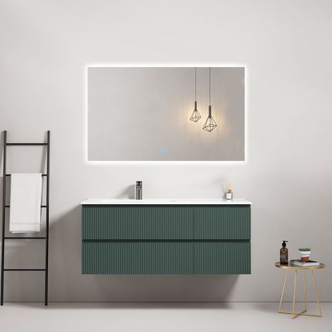 Mobile bagno sospeso cannettato 120 cm Verde Comodoro Lavabo a Sinistra in Ceramica Specchio Quadro Retroilluminato - Fiji Paint (1/4)