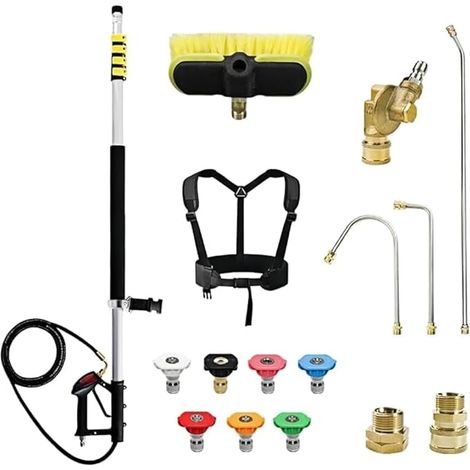 7,3m Baguette Téléscopique pour Nettoyeur Haute Préssion (Tête Brosse Comprise), avec 2 Extensions, Gouttières, 7 Buses, Ceinture et 2 Adaptateurs Tuyau (1/5)