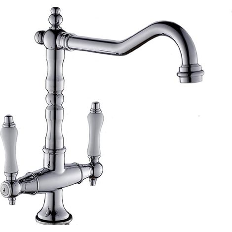 Robinet de cuisine en laiton, double poignée, robinet d'évier de cuisine à poser, eau chaude et froide, rotation à 360° (couleur : argent). (1/5)