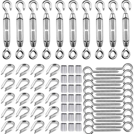 Kit de 10 tendeurs M5, acier inoxydable 304, crochets et cosses M2, pour câble 1/16", usage extérieur (1/5)