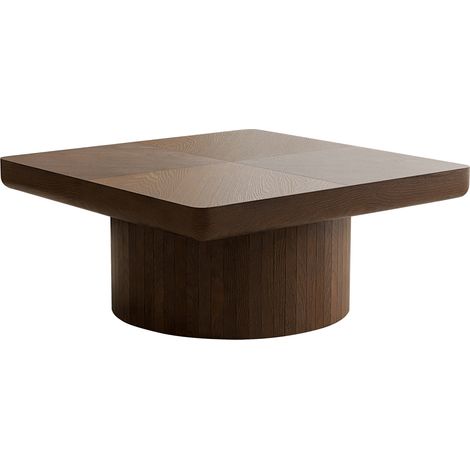 Table basse carrée 78 cm avec plateau en placage bois motif parquet et base cylindrique en bois noirci (1/5)
