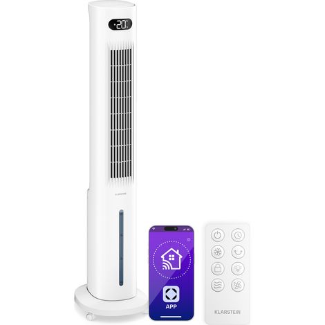 Klarstein Luftkühler mit Wasserkühlung, Verdunstungskühler, 5L Tank, App & Fernbedienung, Timer, Ionisator, Klimagerät für Räume bis 30m², White
