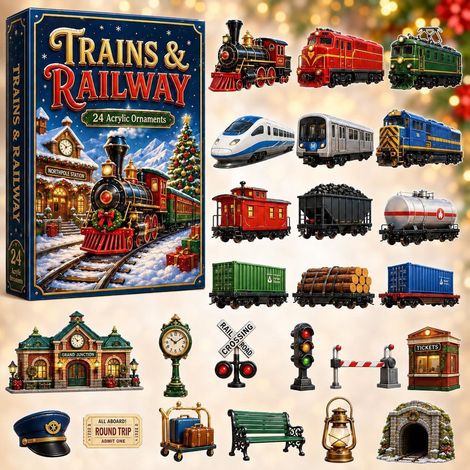 Calendrier de l'Avent 2026 sur le thème des véhicules, décorations de compte à rebours en acrylique à suspendre (24 jours), Noël amusant sur le thème des véhicules Gare ferroviaire-WOODTOR (1/3)