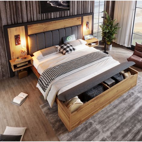 lit adulte double rangement 180x200 bois métal banc OKMYHOME (1/5)