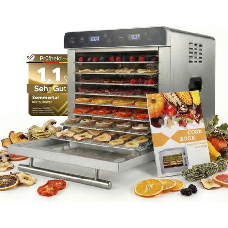 Sommertal Dörrautomat Silence 700 XXL inkl. 8 Edelstahl Dörrgitter, LED-Display, 24h Timer, Temperatureinstellung von (35°C–85°C) einstellbar, inkl. Kochbuch, Profi Dörrgerät, 700W Dehydrator (1/5)