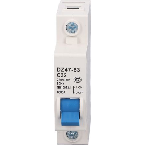 Disjoncteur monophasé (MCB) pour montage sur rail DIN, pouvoir de coupure de 6000 A, 230 V/400 V, 32 A, pour usage domestique ou bureau. (1/5)