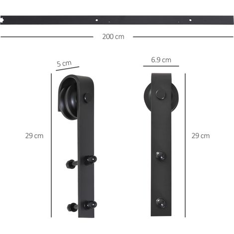 Kit porte coulissante 200 cm, ensemble complet avec rail, galets, butées, cale, vis, système en acier carbone noir pour portes intérieures (1/5)
