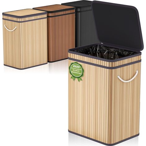 Grande poubelle de 80 litres avec couvercle, poubelle en bambou pour l'extérieur, pour la maison, le bureau, la salle de bain, la cuisine, 40 x 30 x 60 cm (couleur bois) (1/5)