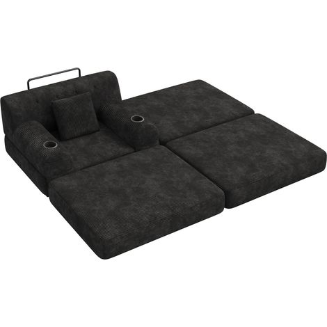 Sillón cama individual de terciopelo acanalado negro con reposapiés y 2 posavasos (1/5)