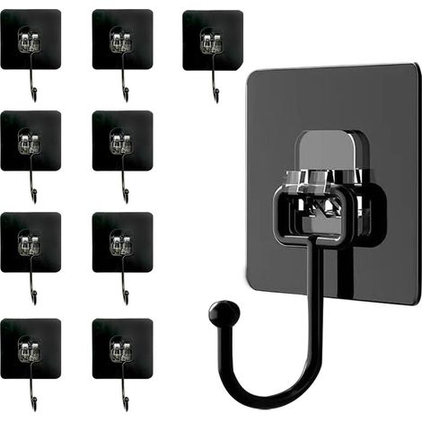 Lot de 10 crochets auto-adhésifs noirs pour vêtements, clés, serviettes et accessoires. Fixation sans perçage. Idéal pour les murs (1/5)