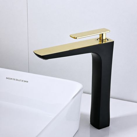 Robinet mitigeur lavabo modèle haut noir et doré avec tuyaux d'arrivée d'eau de 60 cm eau chaude froide 40 × 30 × 10 cm 1,406 kg – Livraison gratuite (1/2)
