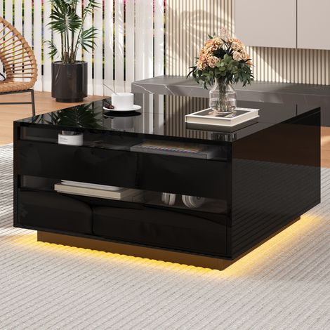 Tavolino da caffè quadrato sollevabile 70 x 70 cm con LED, cassetto e vano nascosto nero HAVRYA (1/5)