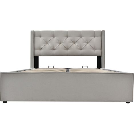 Cama canapé hidráulica 160x200 cm gris claro capitoné de algodón con estructura metálica HOMVRA (1/5)