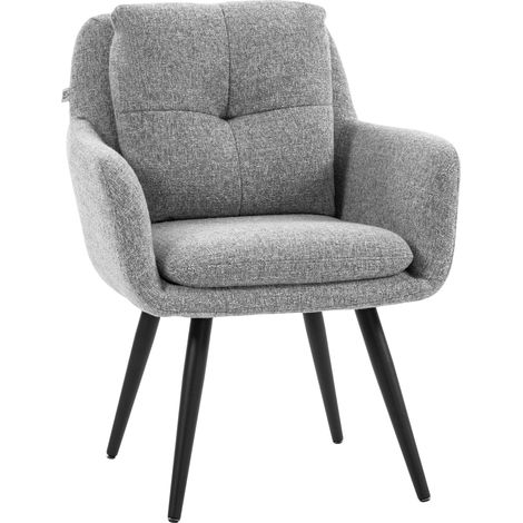 Fauteuil design moderne, fauteuil habillé avec pieds métalliques, aspect lin, gris clair (1/5)