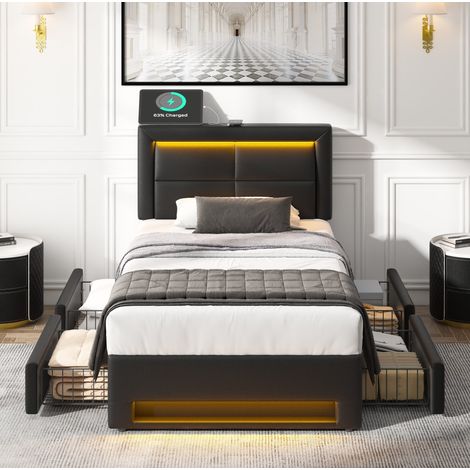 Letto imbottito moderno 90x190 cm in PU nero, con testiera USB wireless/cablata, LED e 4 cassetti (1/5)