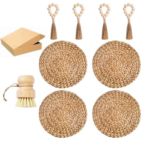 Lot de 4 sets de table ronds en jonc de mer tissé de style bohème naturel, sets de table en osier, chargeurs d'assiettes tressés, avec brosse en bois et 4 ronds de serviette (jacinthe d'eau naturelle) (1/5)