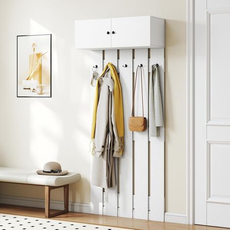 GOPLUS Porte-Manteau Mural, Patère Murale Entrée Rangement avec 5 Crochets et Armoire à 2 Portes, Étagère Murale Supérieure pour Chambre, Salle de Bain, Salon, Couloir,90 x 33 x 210 cm (Blanc) (1/5)