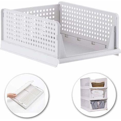 Empilable Vêtements Panier De Rangement Organisateur Armoire Coulissante Tiroir Étagère DIY Diviseur Séparateur Bureau Conteneur pour Armoire Placard Cuisine Salle De Bains Bureau (Blanc) (1/5)