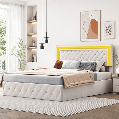 Lit coffre 160x200 cm avec sommier, lit double rembourré en velours beige, rangement hydraulique, tête de lit capitonnée, velours blanc (1/5)